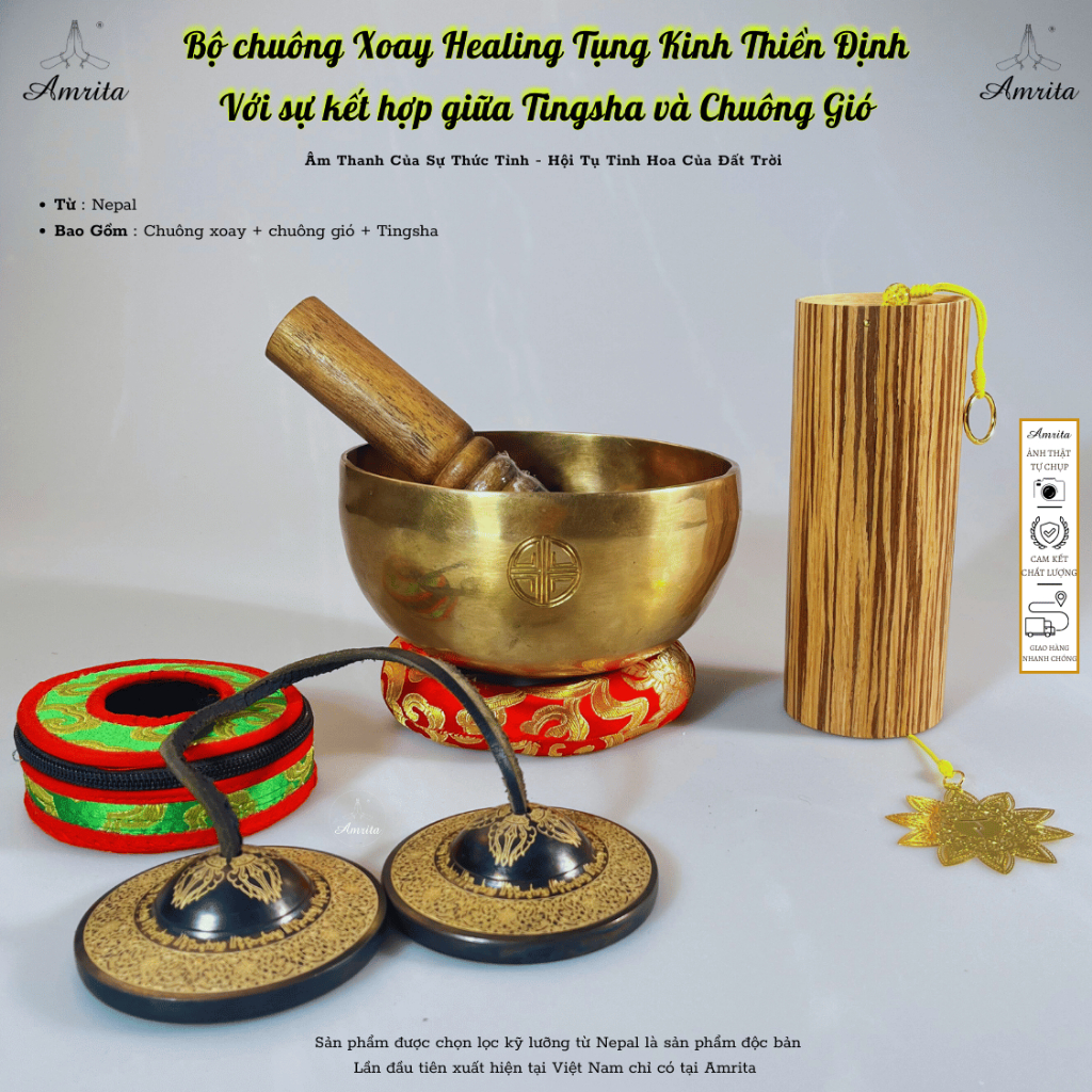 [Amrita] Healing Chanting Meditation Ringing Bell Set With Combination of Tingsha and Wind Chimes Amrita - Tibetan Bell
