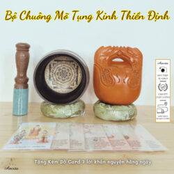 9.5cm Meditation Chanting Bell and Wooden Set with 7 daily prayer cards included - Amrita