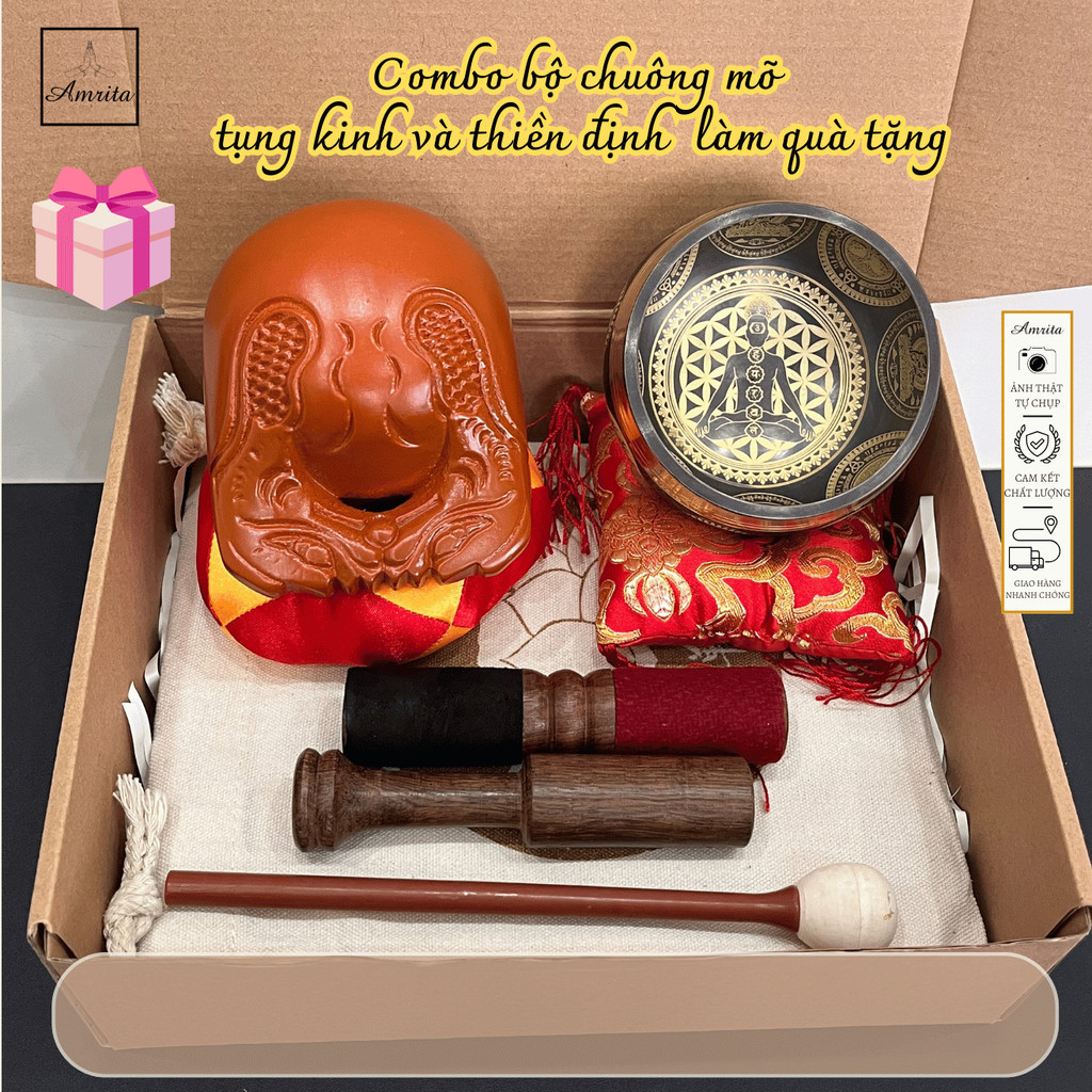 [Gift Set] Set of bells and wooden fish for chanting and meditation as a gift - Bells and wooden fish - Meditation bell - Amrita